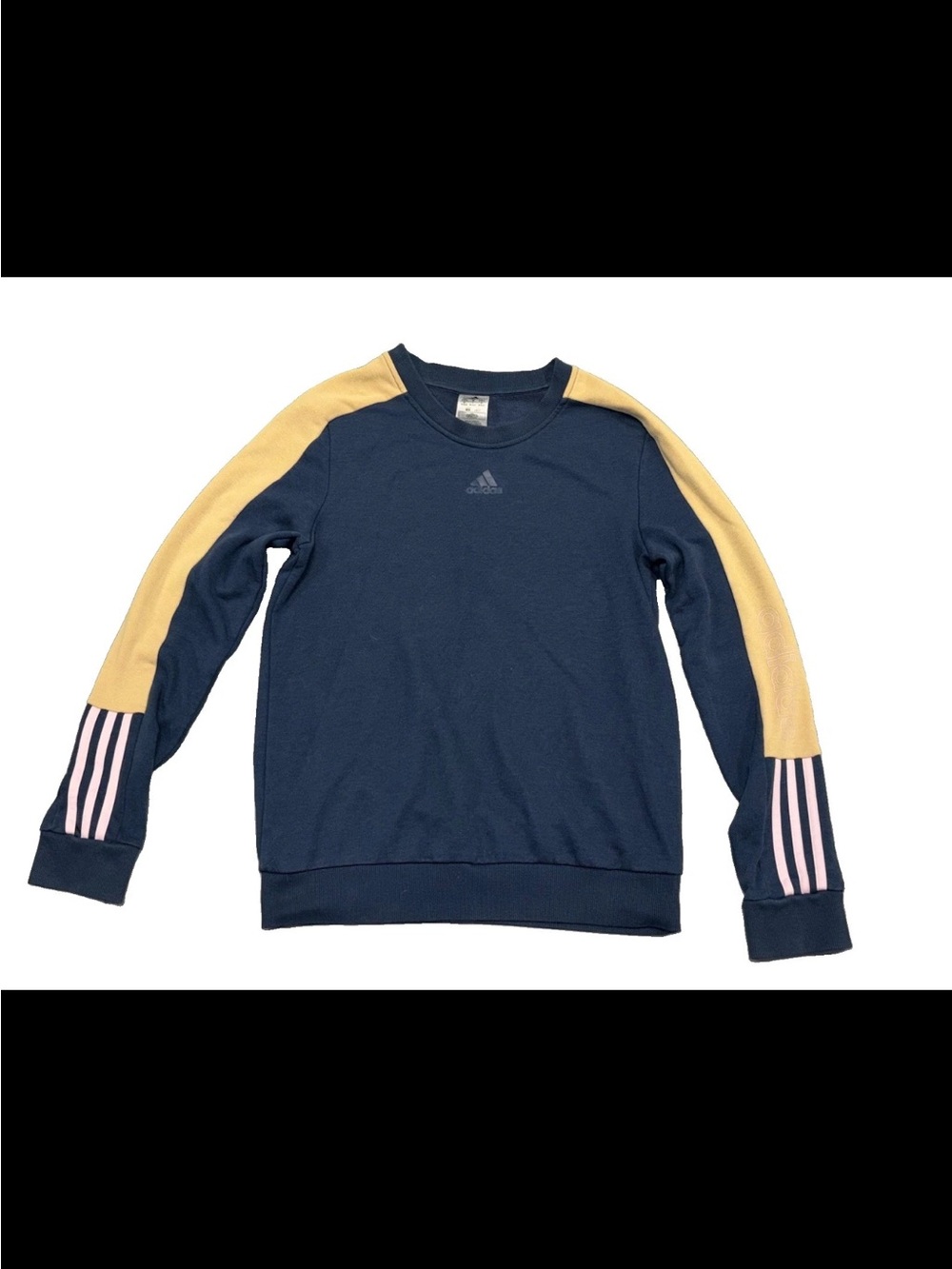 Adidas Essentials Colorblock Sweatshirt Navy Blue Pink Spell Out Logo Woman’s M